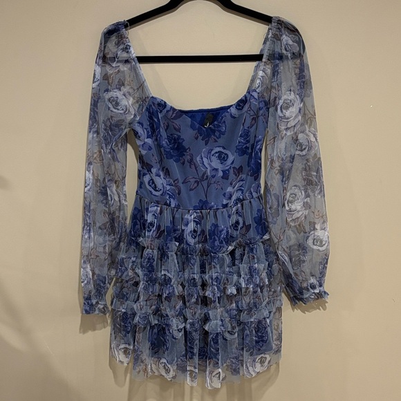 Lulus adoring whimsy blue floral ruffle dress - Picture 3 of 5